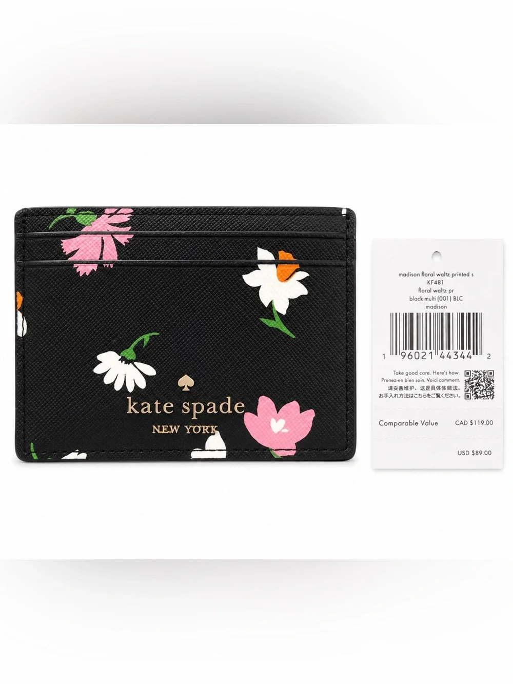 Kate Spade New York Madison Floral Waltz Card Holder Wallet NWT Black Leather
